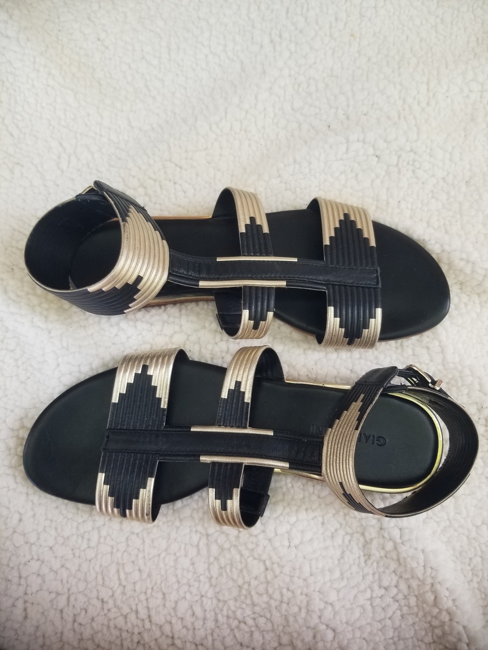 Gianni Bini Black and Gold Patterned Strappy Sandals